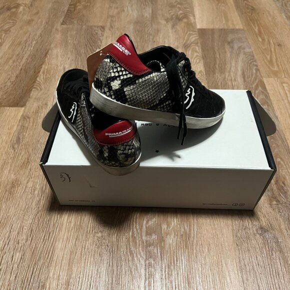 Primabase Sneakers Black Textured Leather Snake Print Red Heel - Picture 8 of 13